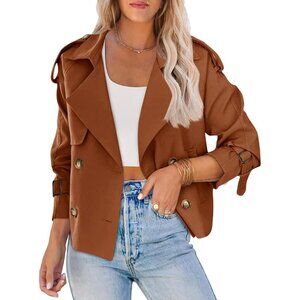 Women's Brown Crop Double Breasted Trench Coat Raglan Sleeve Cropped Jacket